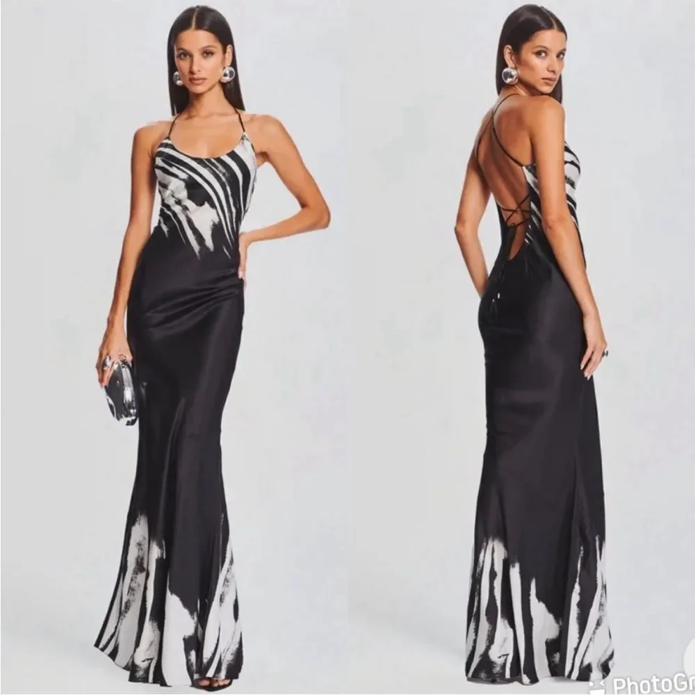 Retrofete Cami silk slip maxi gown black/white zebra Ombre NWT